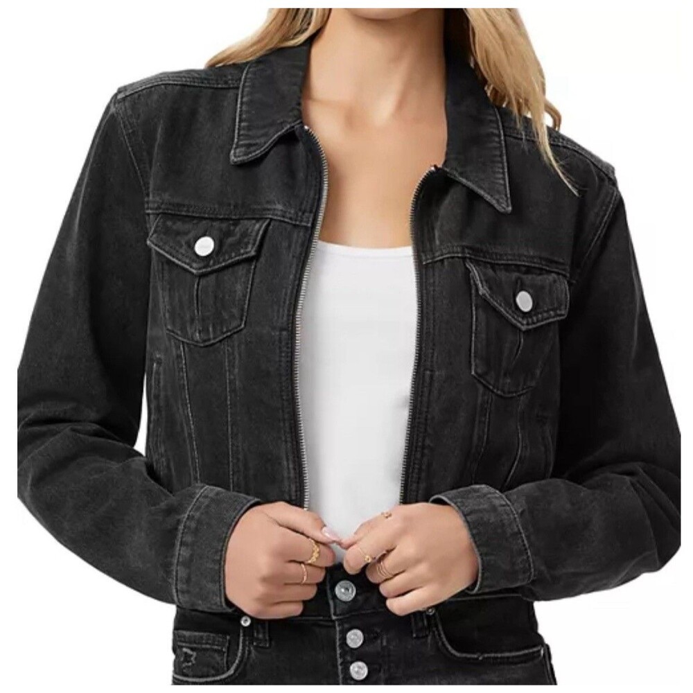 PAIGE Vivienne Cropped Denim Zip Jacket Size L Black Smoked